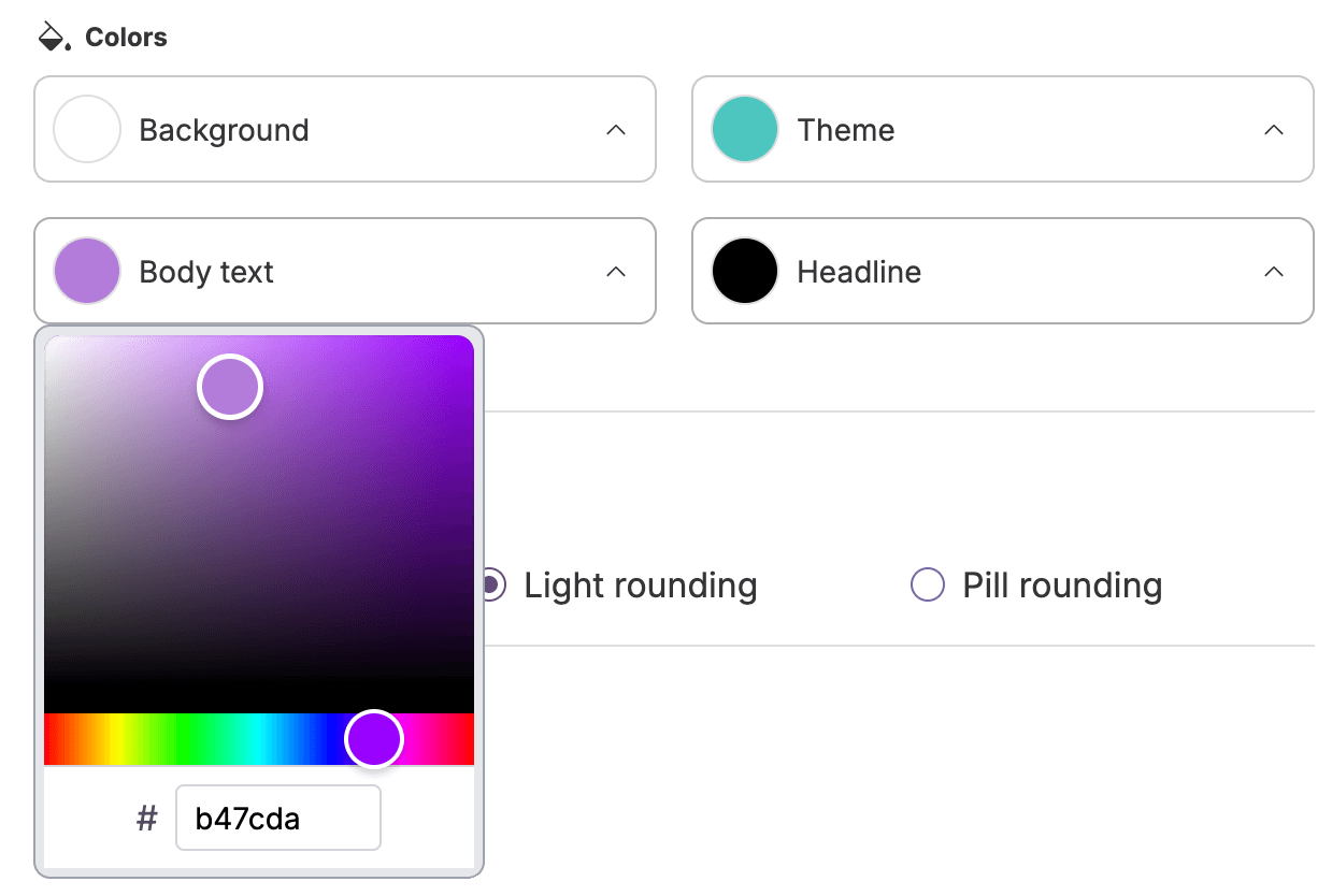 The color picker tool with a field for the hex value at the bottom