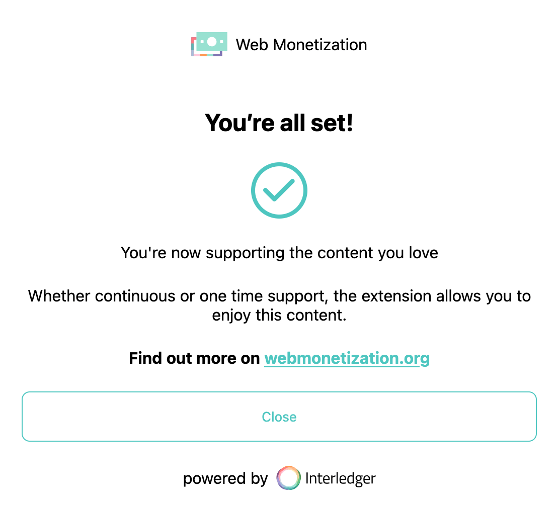 A confirmation screen stating 'you're all set' with a close button